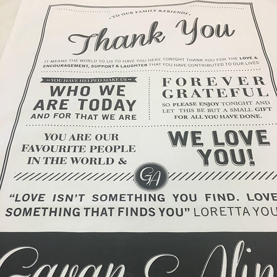 Printed custom message for wedding gift