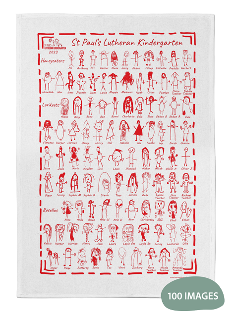 Kindergarten fundraising tea towel with 100 images on it