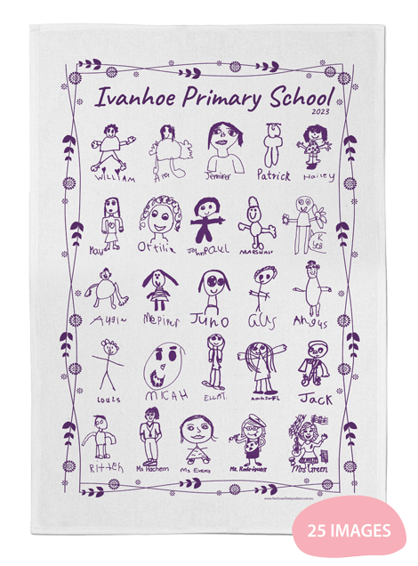 Primary school fundraising tea towel with 25 images on it