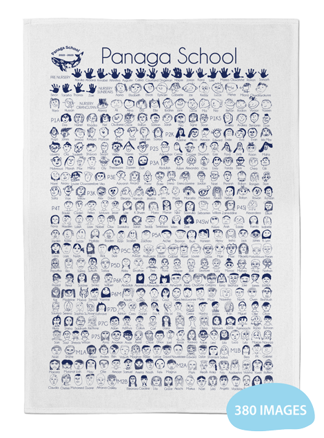 Primary school fundraising tea towel with 380 images on it